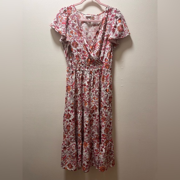 Knox Rose Dresses & Skirts - Knox Rose Boho Chic Floral Smock Waist Maxi Dress, Sz S, White With Red Flowers